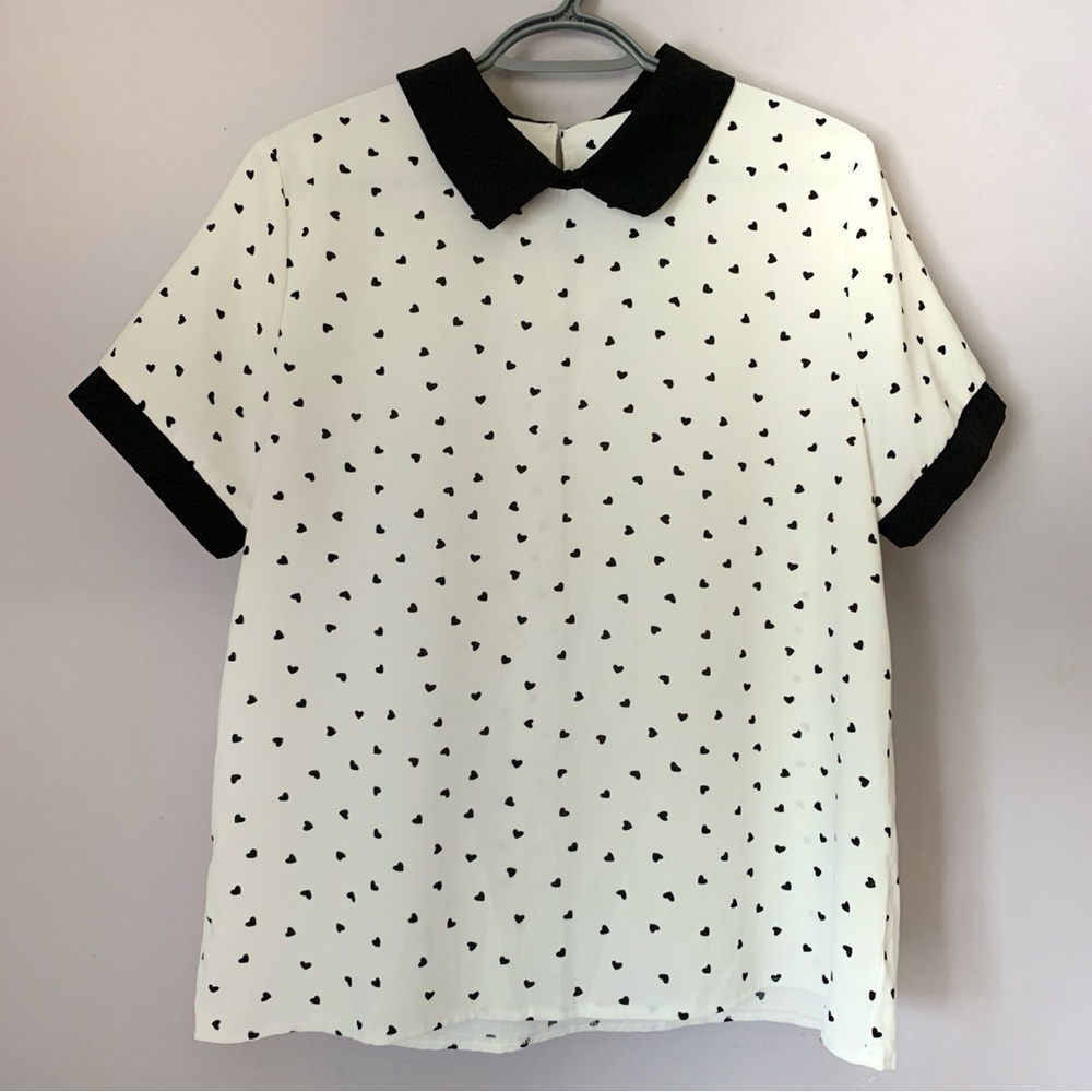Heart Print Blouse Black & White Peter Pan Collar Top Size XL Coquette